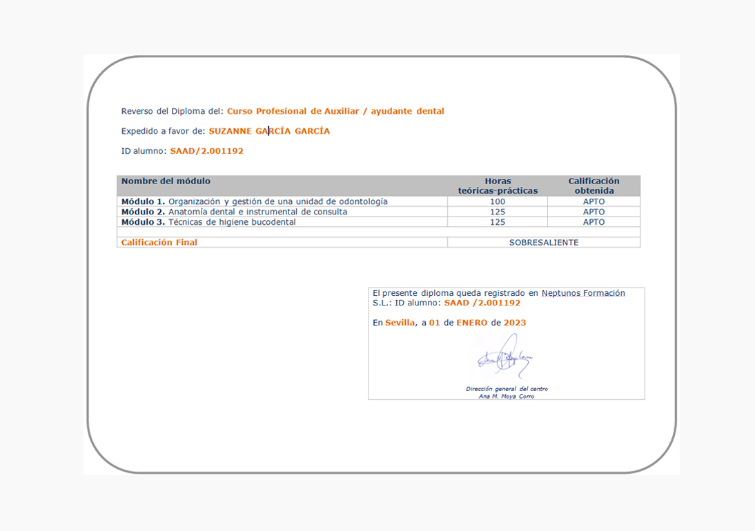 Reverso del Diploma del curso auxiliar dental